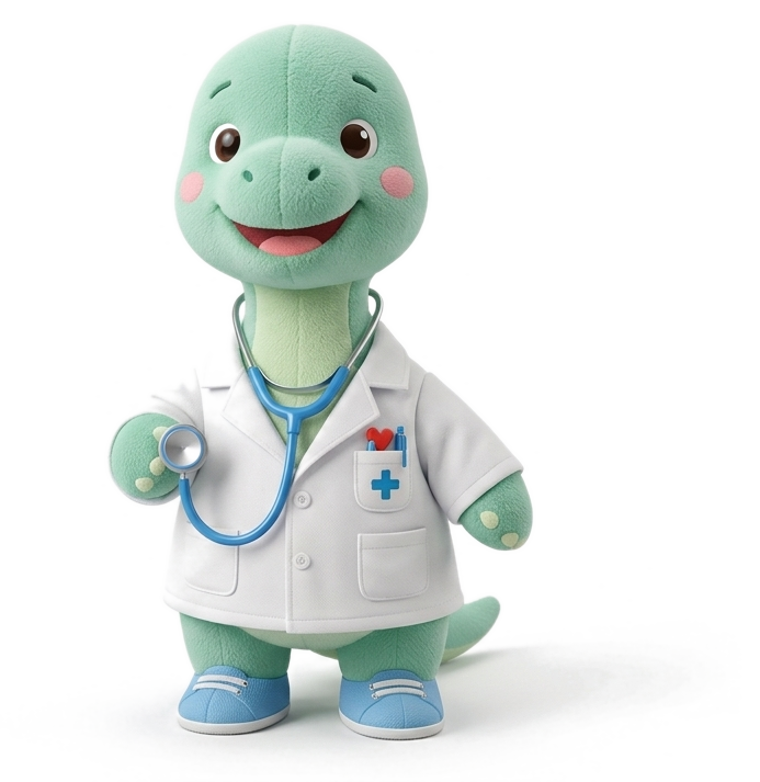Farmi, la mascota de Farmakids, un dinosaurio doctor